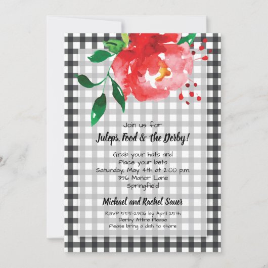 Red Rose Black Gingham Derby Party Invitations (Voorkant)