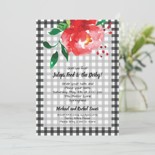 Red Rose Black Gingham Derby Party Invitations (Staand voorkant)