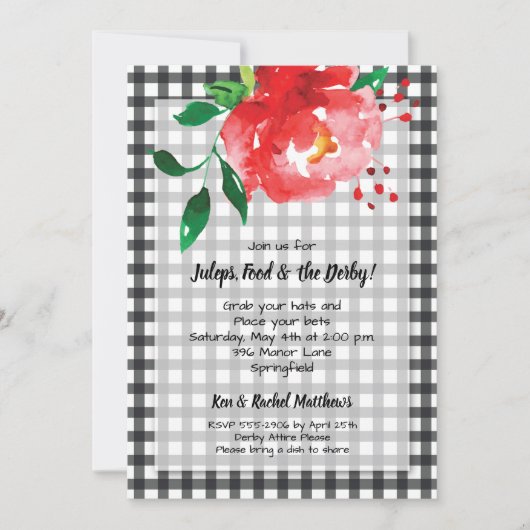 Red Rose Black Gingham Derby Party Kaart (Voorkant)