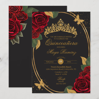 Red Rose Black Gold Glitter Butterfly Quinceañera Kaart