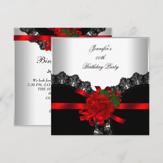 Red Rose Black Lace White Silver Party Kaart (Voorkant / Achterkant)