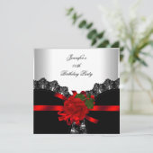 Red Rose Black Lace White Silver Party Kaart (Staand voorkant)