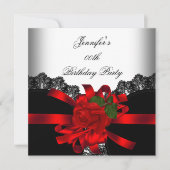 Red Rose Black Lace White Silver Party Kaart (Voorkant)