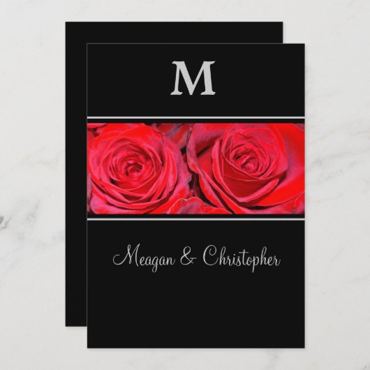 Red Rose Black Silver Monogram Weddenschap Kaart (Voorkant / Achterkant)