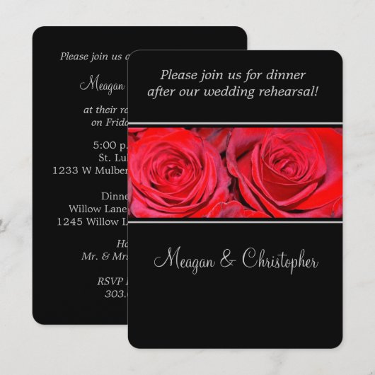 Red Rose Black Silver Wedding Rehearsal Dinner Kaart (Voorkant / Achterkant)
