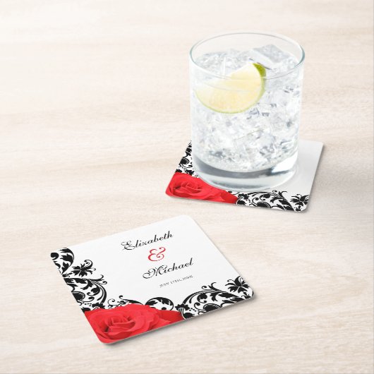 Red Rose Black Vlourish Personalized Wedding Kartonnen Onderzetters (Insitu)