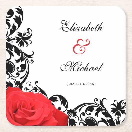 Red Rose Black Vlourish Personalized Wedding Kartonnen Onderzetters (Voorkant)