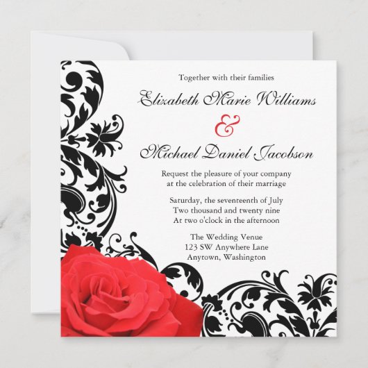 Red Rose Black Vlourish Wedding Invitations Kaart (Voorkant)