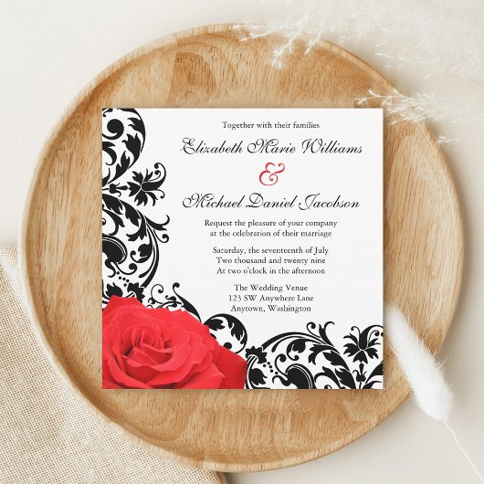 Red Rose Black Vlourish Wedding Invitations Kaart