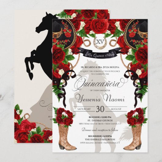 Red Rose & Black Western Charra Quinceanera Kaart (Voorkant / Achterkant)