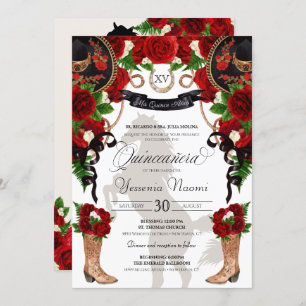 Red Rose & Black Western Charra Quinceanera Kaart