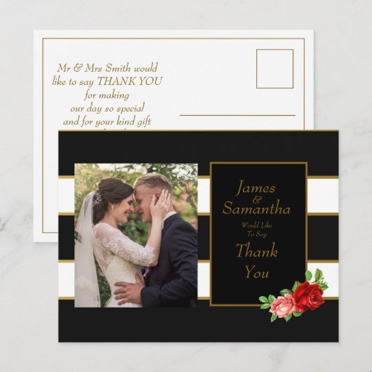 Red Rose, Black, White & Gold Stripe - Dank u Briefkaart (Voorkant / Achterkant)