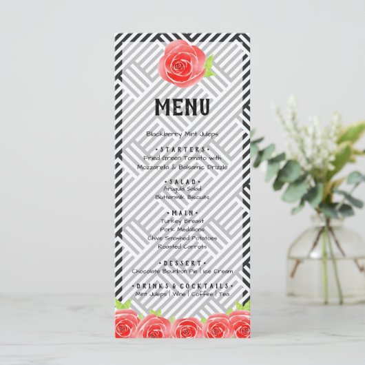 Red Rose Black & White Stripes Derby Menu (Staand voorkant)