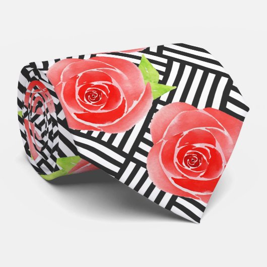 Red Rose Black White Stripes Derby Stropdas (Opgerold)