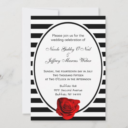 Red Rose Black & White Stripes Wedding Invitation Kaart (Voorkant)
