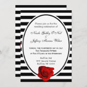 Red Rose Black & White Stripes Wedding Invitation Kaart (Voorkant / Achterkant)