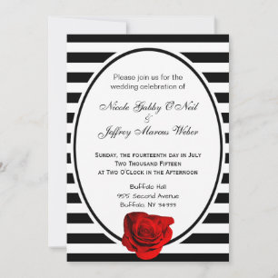 Red Rose Black & White Stripes Wedding Invitation Kaart