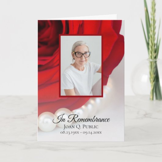 Red Rose Bloem en Parels Begrafenisdienst Gevouwen Programma (Voorkant)