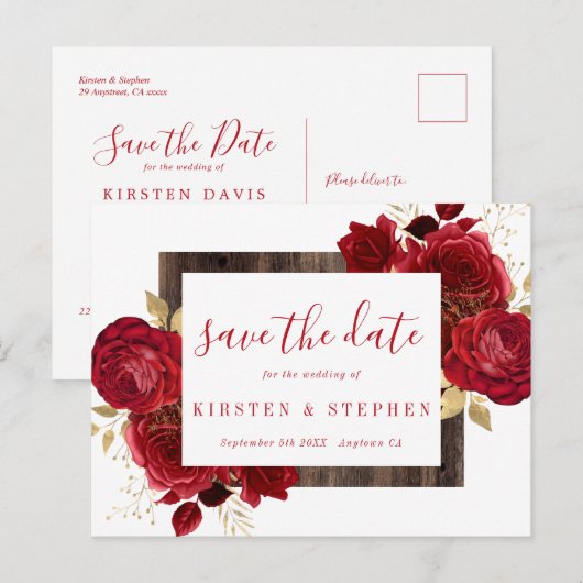 Red Rose Bloemen Gouden Herfst Save the Date Briefkaart (Voorkant / Achterkant)