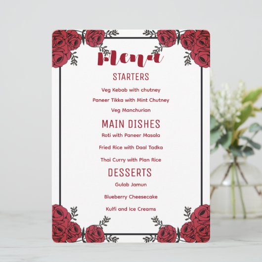 Red Rose Bloemen Huwelijksthema Menu (Staand voorkant)