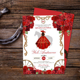 Red Rose Bloemen Western Charro Quinceañera Kaart