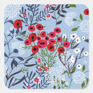 Red Rose Blue White Blossom Vierkante Sticker