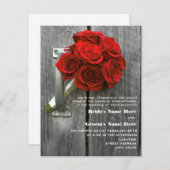 Red Rose Boeket & Barnwood Bruiloft Kaart (Voorkant / Achterkant)