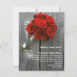 Red Rose Boeket & Barnwood Bruiloft Kaart
