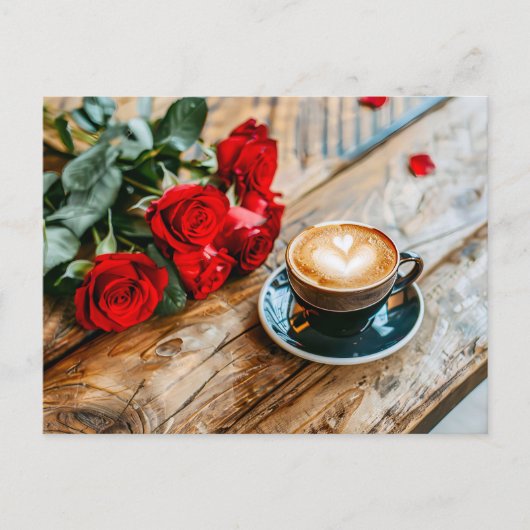 Red Rose Boeket met Cappuccino Heart Feestdagenkaart (Voorkant)