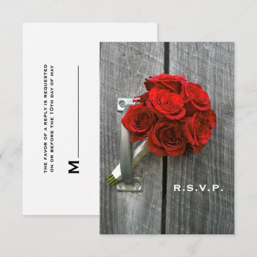 Red Rose Boeket & Schuur Hout Bruiloft RSVP (Voorkant / Achterkant)