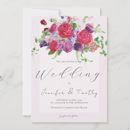 Red Rose Boeket Watercolor Wedding Uitnodiging 2 (Voorkant)
