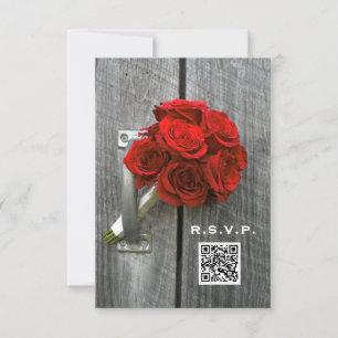Red Rose Bouquet & Barn Wood Wedding QR Code RSVP Kaartje