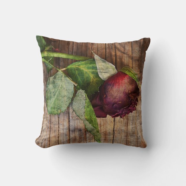 Red Rose Brown Rustic Wood Texture Antiek Floral Kussen (Voorkant)