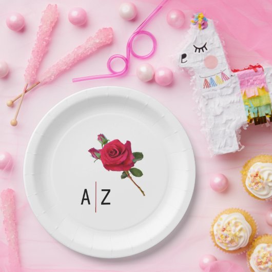 Red Rose Bruiloft Initialen Papier Borden Papieren Bordje (Feest)