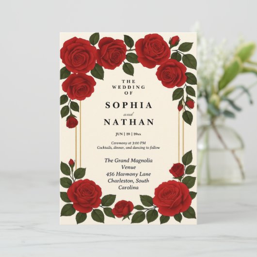  Red Rose bruiloft uitnodiging | elegant (Staand voorkant)