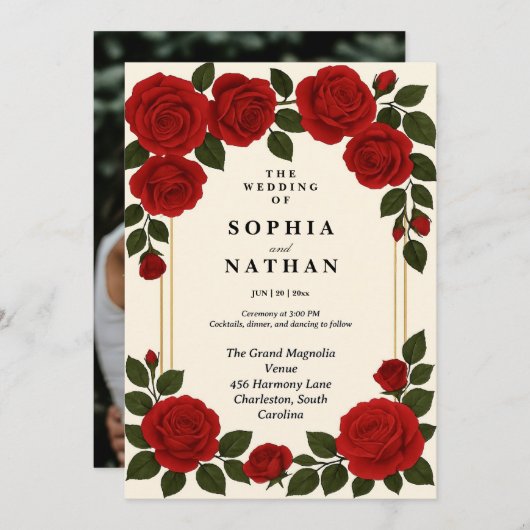  Red Rose bruiloft uitnodiging | elegant (Voorkant / Achterkant)