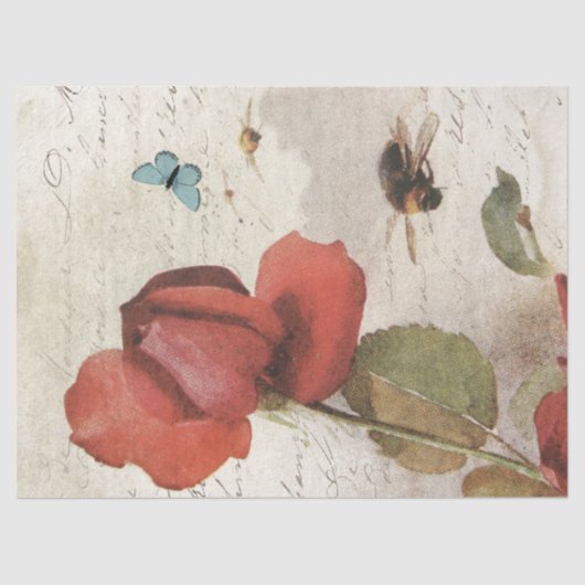 Red Rose Bumblebee Frans Script Vlinder  Tissuepapier (Voorkant)