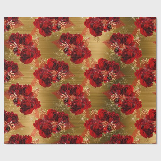 Red Rose Bunch Sparky Floral Glitter Goud Metaal Cadeaupapier (Vlak)