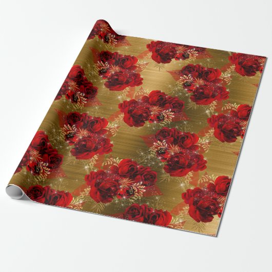 Red Rose Bunch Sparky Floral Glitter Goud Metaal Cadeaupapier (Uitgerold)