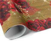 Red Rose Bunch Sparky Floral Glitter Goud Metaal Cadeaupapier (Rol Hoek)