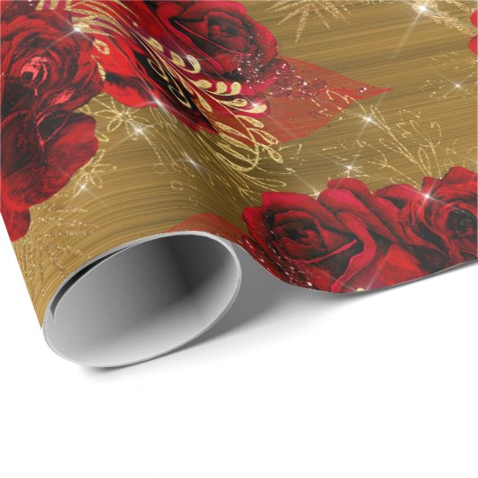 Red Rose Bunch Sparky Floral Glitter Goud Metaal Cadeaupapier (Rol Hoek)