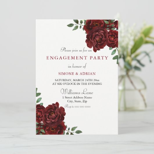 Red Rose Burgundy Elegant Engagement Party Kaart (Staand voorkant)