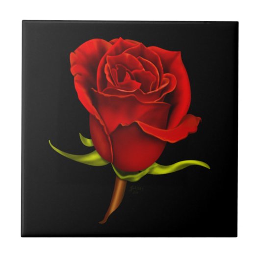 Red Rose Ceramic Tile op Black Tegeltje (Voorkant)