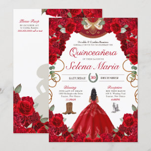 Red Rose Charro Elegant Botanical Flor Quinceanera Kaart