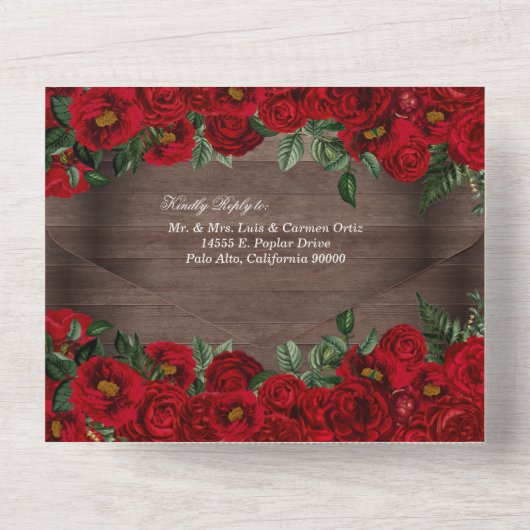 Red Rose Charro Rustic Land Quinceañera All In One Uitnodiging (Achterkant)