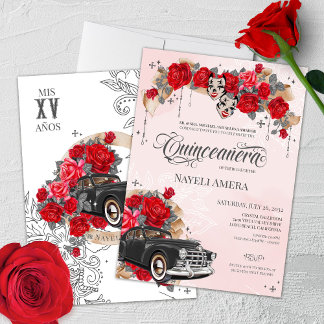 Red Rose Classic Car Chola Chicano Quinceanera Kaart