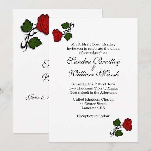 Red Rose Classic Wedding Invitation Kaart (Voorkant / Achterkant)