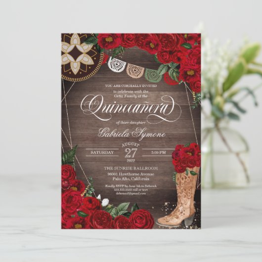 Red Rose Cowgirl Boots Westerne Charro Quinceañera Kaart (Staand voorkant)