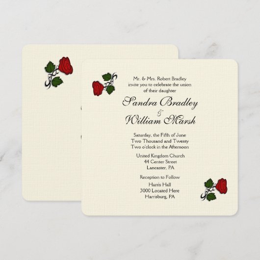 Red Rose Cream Wedding Invitation Kaart (Voorkant / Achterkant)