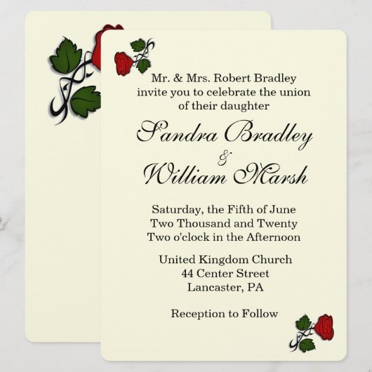 Red Rose Cream Wedding Invitation Kaart (Voorkant / Achterkant)